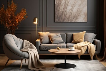 Grey chair and round coffee table near corner sofa against dark grey paneling wall. Scandinavian style home interior design of modern living room, Generative AI
