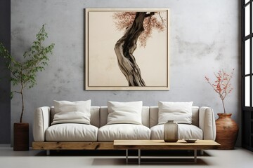 White sofa against concrete wall with art poster. Japanese style home interior design of modern living room, Generative AI