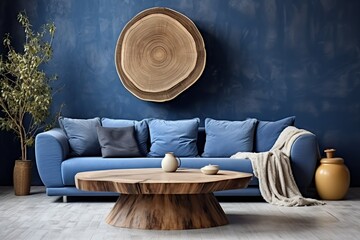 Blue velvet sofa with grey pillows and blanket near venetian stucco wall with tree cross-section as wall decor. Rustic home interior design of living room, Generative AI