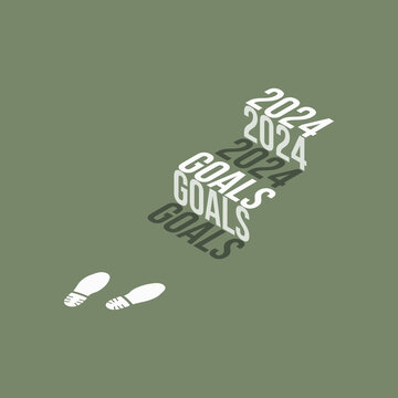 2024 goals Isometric stairs text effect with footprints isolated on peppery green background, Vector Illustration.