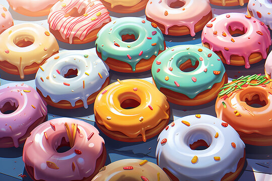 Mix of multicolored doughnuts with sprinkel . glazed donut