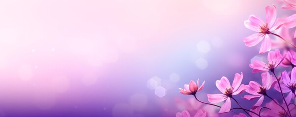 Horizontal purple and pink flowers background. Spring banner for 8 march woman´s  day  and mother's day, large copy space for text. wallpaper and banner
