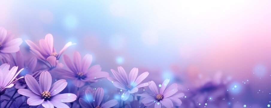 Horizontal purple and pink flowers background. Spring banner for 8 march woman´s  day  and mother's day, large copy space for text. wallpaper and banner