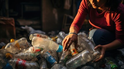 throwing plastic waste, bottles into recycling container in front her apartment.