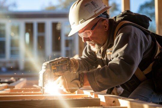 Workers use drills to construct a wooden frame house.
