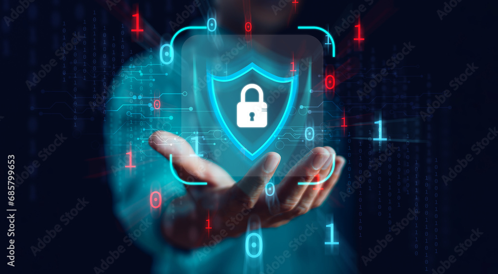 Poster cyber security privacy concept to protect data information. lock icon and internet network secure te