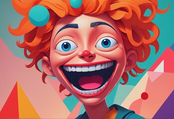 A quirky, funny child boy character with vibrant colors and abstract shapes, a wide grin and wild, bouncy hair. 3d cartoon style illustration.