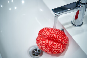 Human Brain under a Faucet Water Stream, Brainwashing Concept.