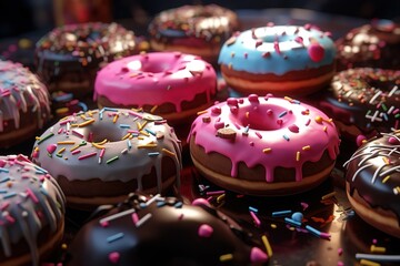 Fototapeta na wymiar donuts in trays with colored sprinkles