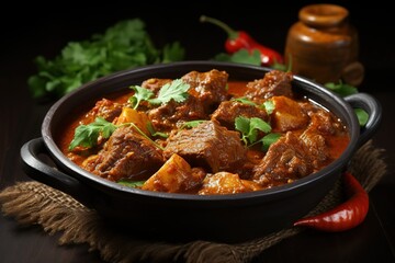 beef curry is in a bowl, stew with vegetables