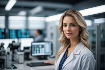Female blonde woman docto microbiologists or scientists conduct research, experiments, and analyses in a modern medical laboratory. Evolution, science, pandemic, health, technology concepts.