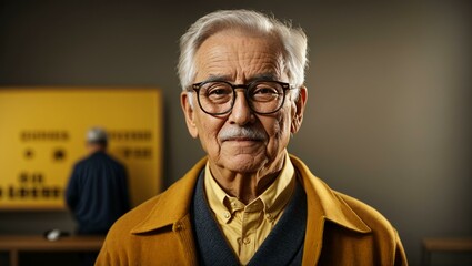 elderly man, glasses, retired businessman, on a yellow background