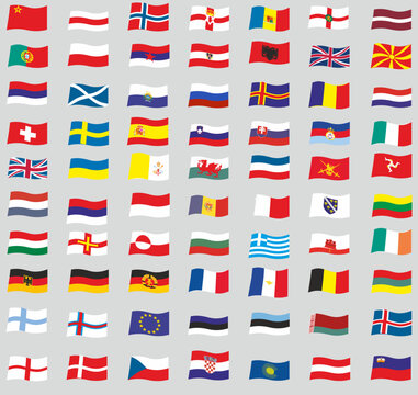 Set waving European flags. Minivalistic illustrations with blue, red, green, black, yellow, etc. colors.