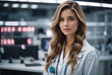 A beautiful blonde woman microbiologist is a doctor in a modern laboratory with computers. Research, medicine, science, pharmacy concepts.