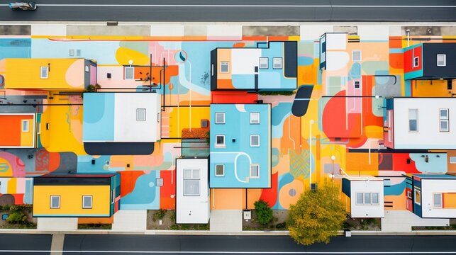 An overhead view of a vibrant, geometric street mural painted in bold colors