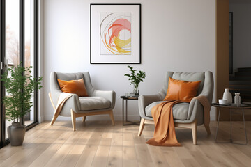 Modern Scandinavian home interior design with elegant living room featuring two armchairs with orange cushions on a wooden floor and home plants