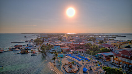 San Pedro Island Sunset Drone shot in Belize - obrazy, fototapety, plakaty