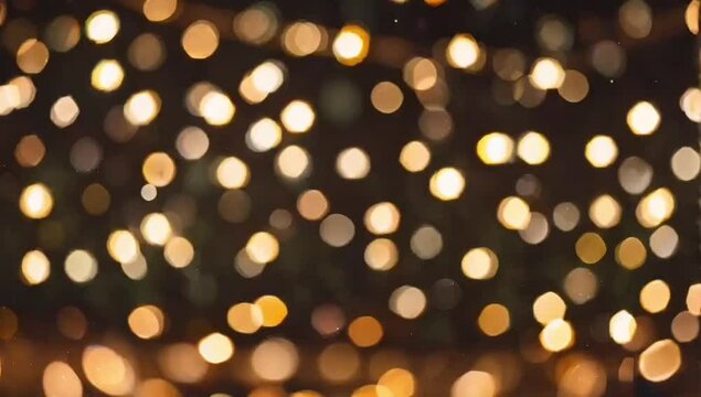 Golden bokeh lights on a dark background, creating a festive and blurred lighting effect