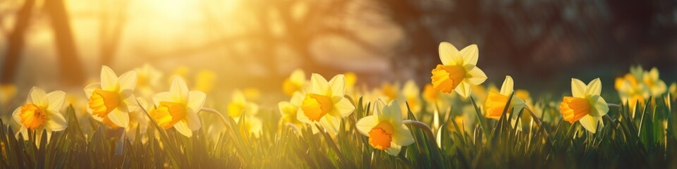 yellow daffodils on grass with the sun shining spring happy panorama - obrazy, fototapety, plakaty