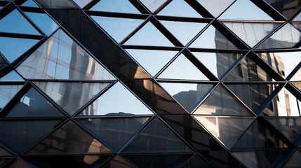 A close-up of a modern architectural fa? section ade with angular patterns in glass and steel