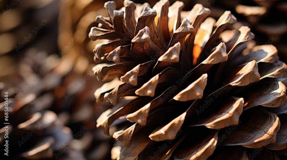 Poster a close up of a pine cone with many other pine cones in the background and a blurry image of the top