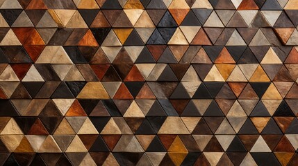 A close-up of a textured mosaic wall with overlapping triangular tiles in earthy tones