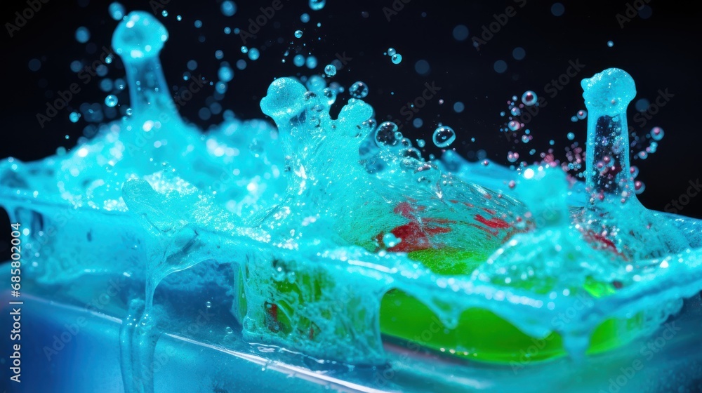 Poster a plastic container filled with water and a green container filled with water and a red container fi