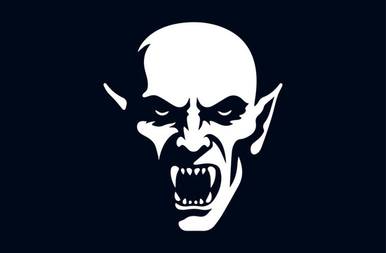 Evil white vampire face on a dark background. Silhouette, logo, print.  vintage retro movie