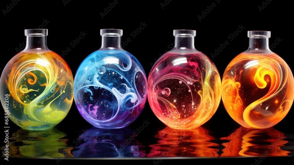 Poster a group of three vases sitting next to each other on a reflective surface in front of a black backgr