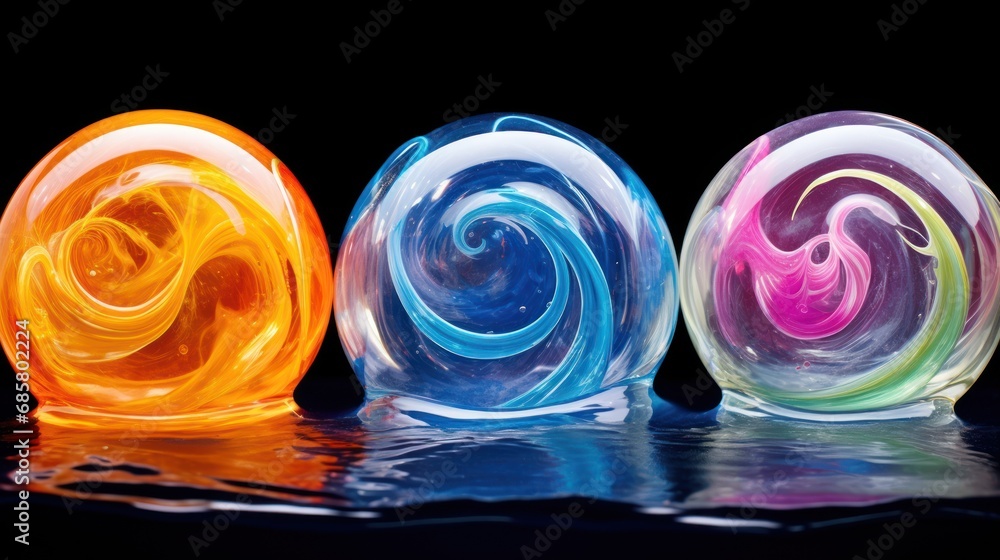 Poster a group of three glass vases sitting next to each other on top of a reflective surface with a reflec