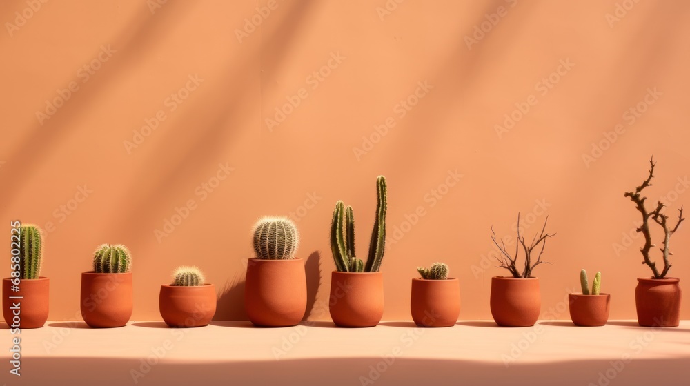 Poster a row of potted cacti sitting next to each other on a table next to a wall with a shadow of a cactus