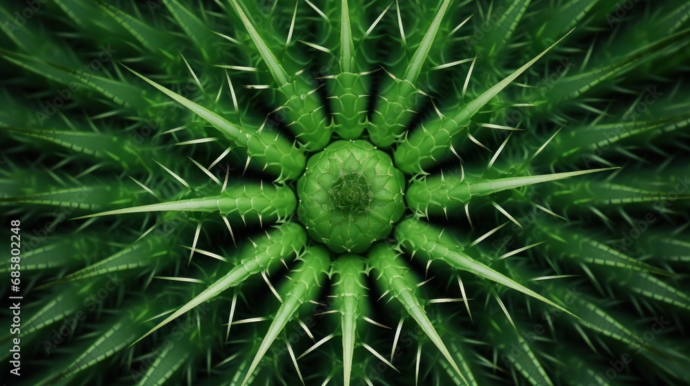 Poster a close up view of a green cactus's leafy pattern on a black background with a focus on the center o