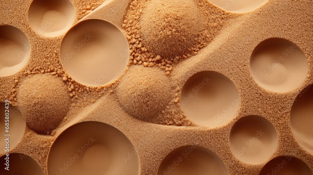 Poster a close up of a pattern made out of sand with holes in the middle of the sand and sand grains in the