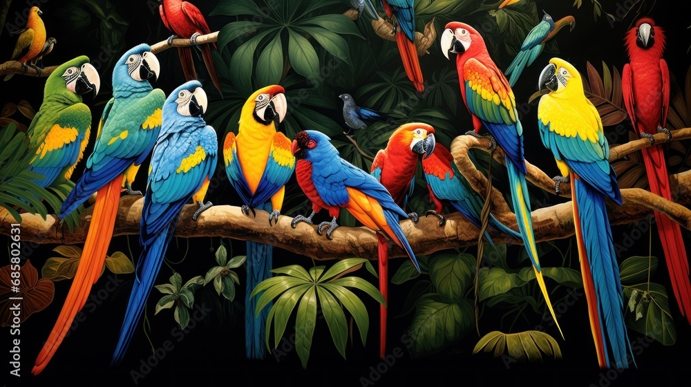 Poster a painting of a group of colorful parrots perched on a branch in front of a jungle background with l
