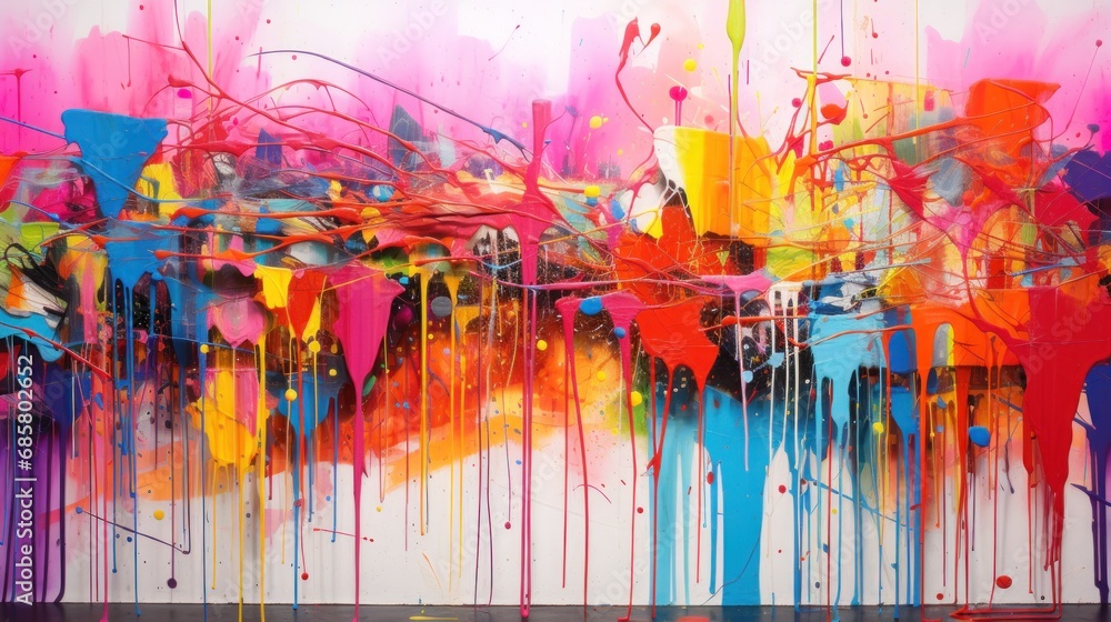 Poster an abstract painting with multicolored lines and drops of paint on the bottom of the painting and th