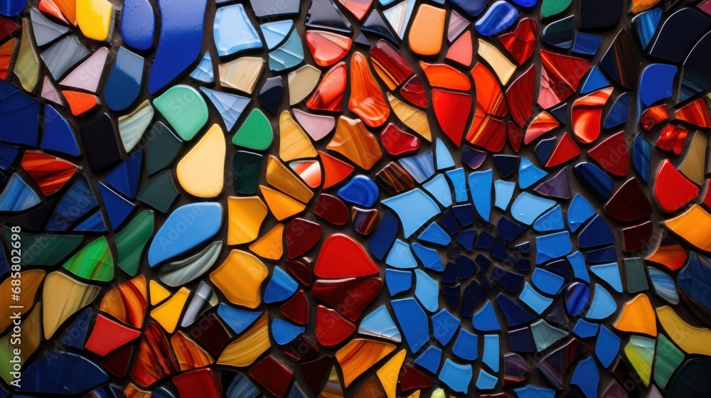 Poster a close up of a multicolored wall made of many different shapes and sizes of glass tiles with a circ