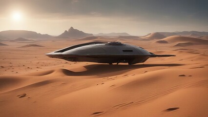 ufo over the desert  A sci-fi scene with a spaceship landing in the desert. The spaceship is sleek and futuristic,  