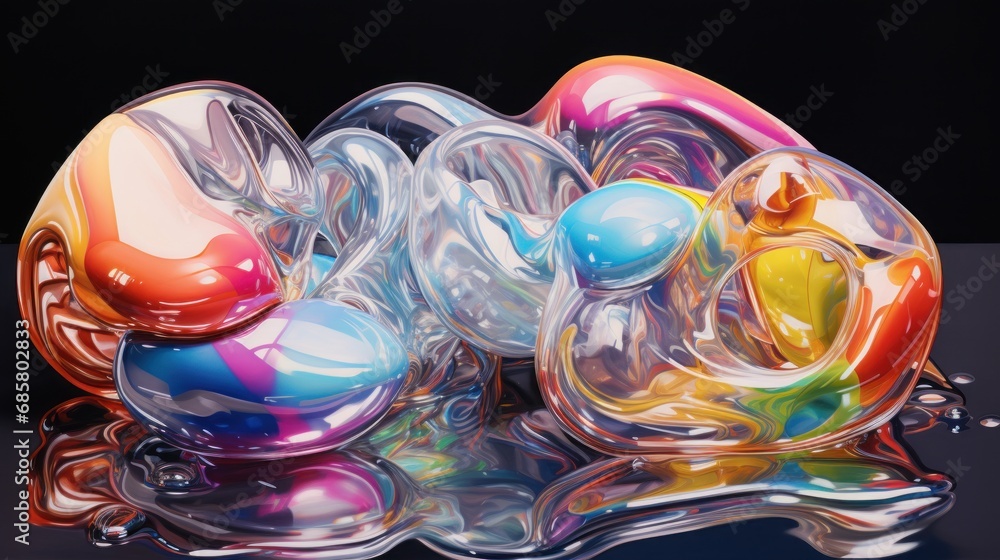 Poster a multicolored glass sculpture sitting on top of a reflective surface with a reflection of it's refl