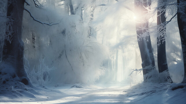snowy forest, snow-covered road in the middle, frost on the branches, sunlight breaking through the frosty haze - Powered by Adobe