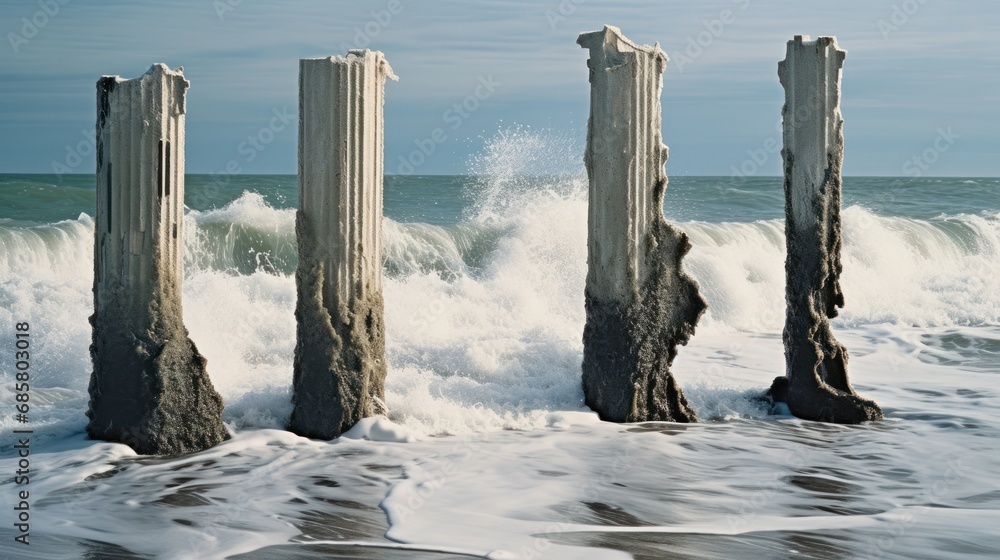 Aufkleber a group of wooden posts sticking out of the ocean with a wave crashing in front of them on a sunny d