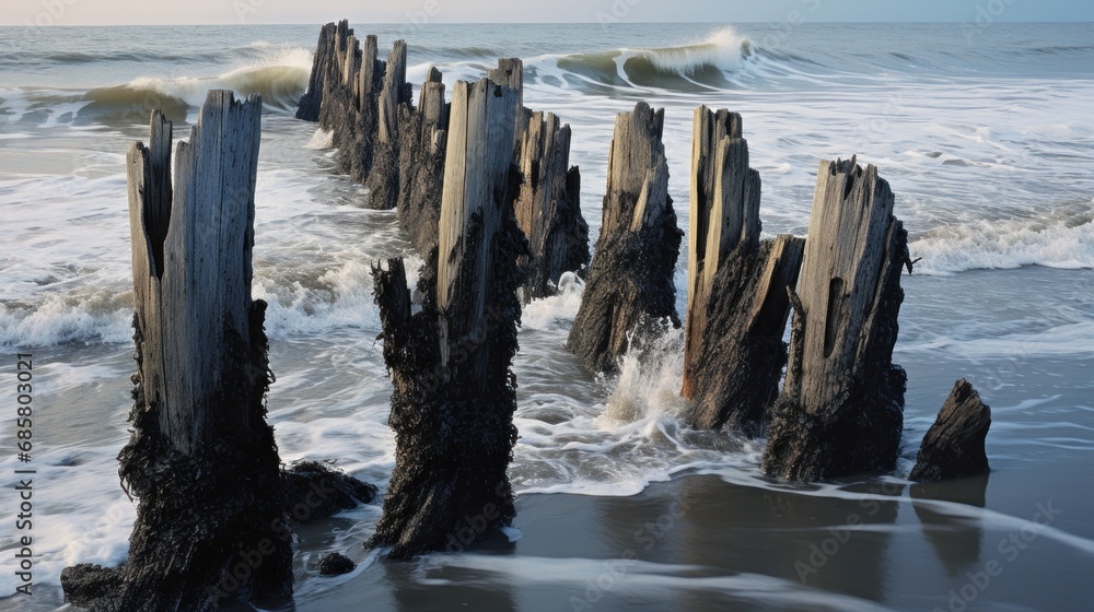 Poster a group of old wooden posts sticking out of the water at the edge of a beach with waves coming in an