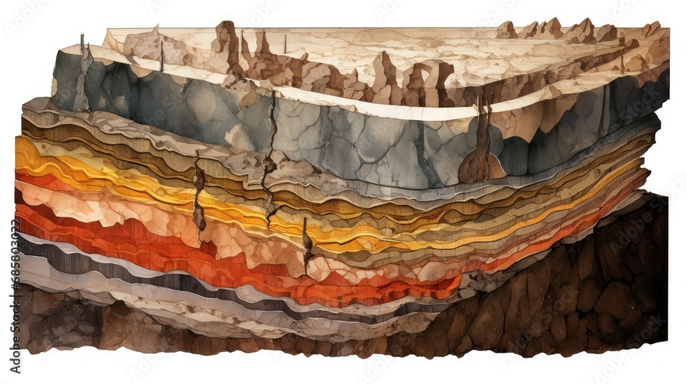 Poster a painting of a mountain with layers of rocks and a few trees in the foreground and a few trees in t