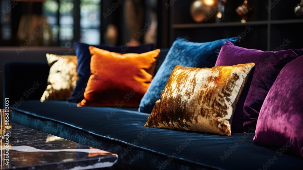 Poster a close up of a couch with a bunch of pillows and a glass on the side of the couch with a candle on 