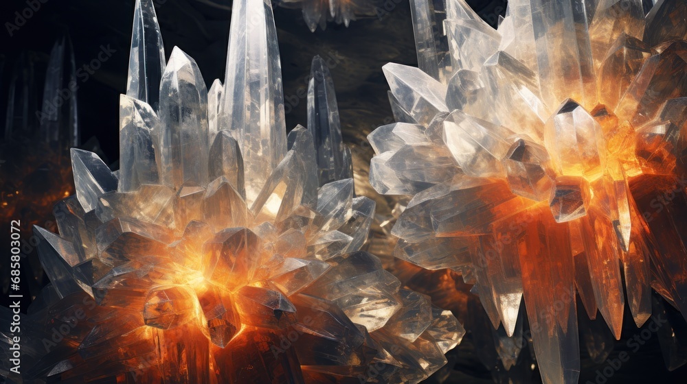 Poster a close up of a bunch of crystals with fire in the middle of the middle of the image and on the bott