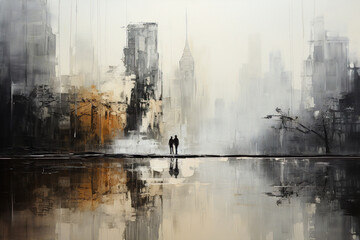 Silhouetted figure against blurred city and reflected water in monochrome
