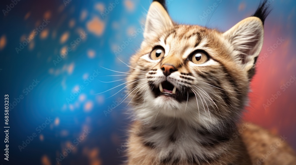 Aufkleber a close up of a cat with a surprised look on it's face in front of a blue and red background with sm