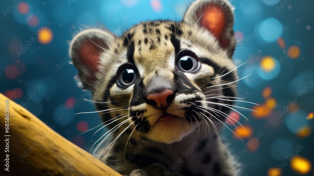 Aufkleber a close up of a small cheetah cub with a tree branch in the foreground and a blurry background of bl