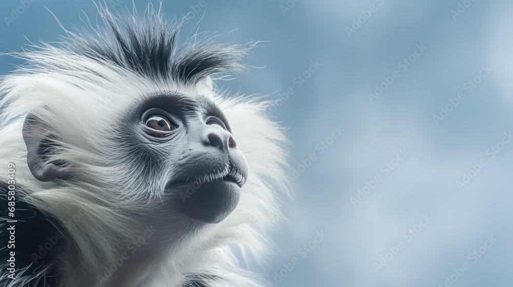 Aufkleber a close up of a monkey's face with a blue sky in the background and a cloud in the sky in the middle