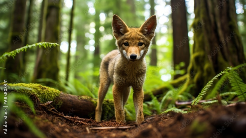 Poster a small fox standing in the middle of a forest with lots of trees and ferns on both sides of it's fa