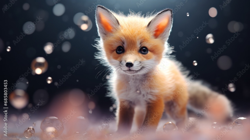 Poster a close up of a small fox on a field of grass with drops of water on the ground and a black backgrou